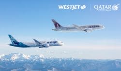Two commercial jets in formation above a snowy mountain range, with WestJet and Qatar Airways branding visible in the sky.