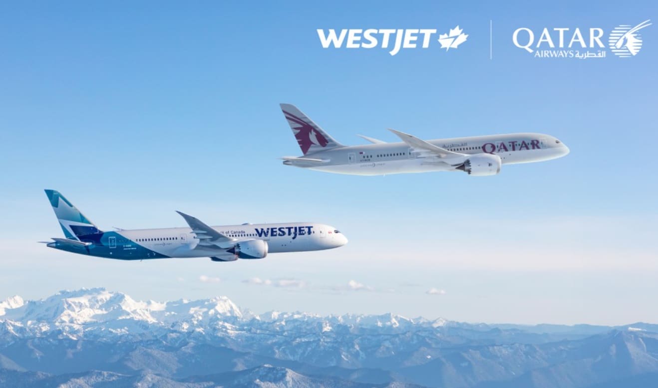 westjet катар сотрудничество | Наш Ванкувер Two commercial jets in formation above a snowy mountain range, with WestJet and Qatar Airways branding visible in the sky.